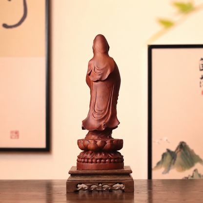 Standing Guanyin with Vase & Beads in Huali Wood