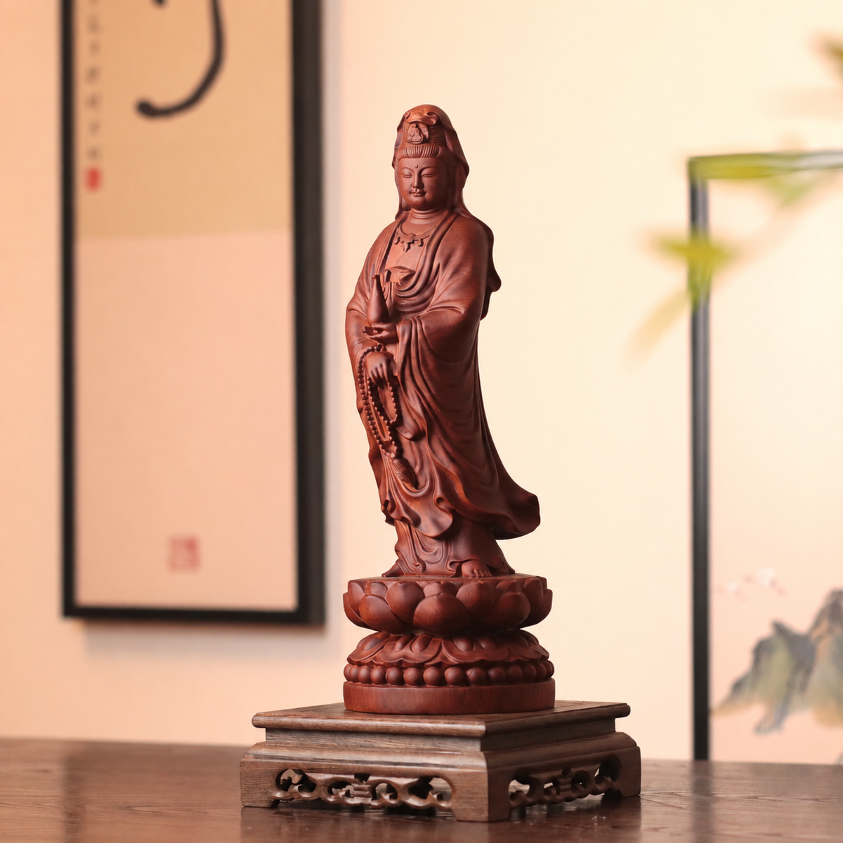 Standing Guanyin with Vase & Beads in Huali Wood