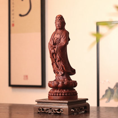 Standing Guanyin with Vase & Beads in Huali Wood