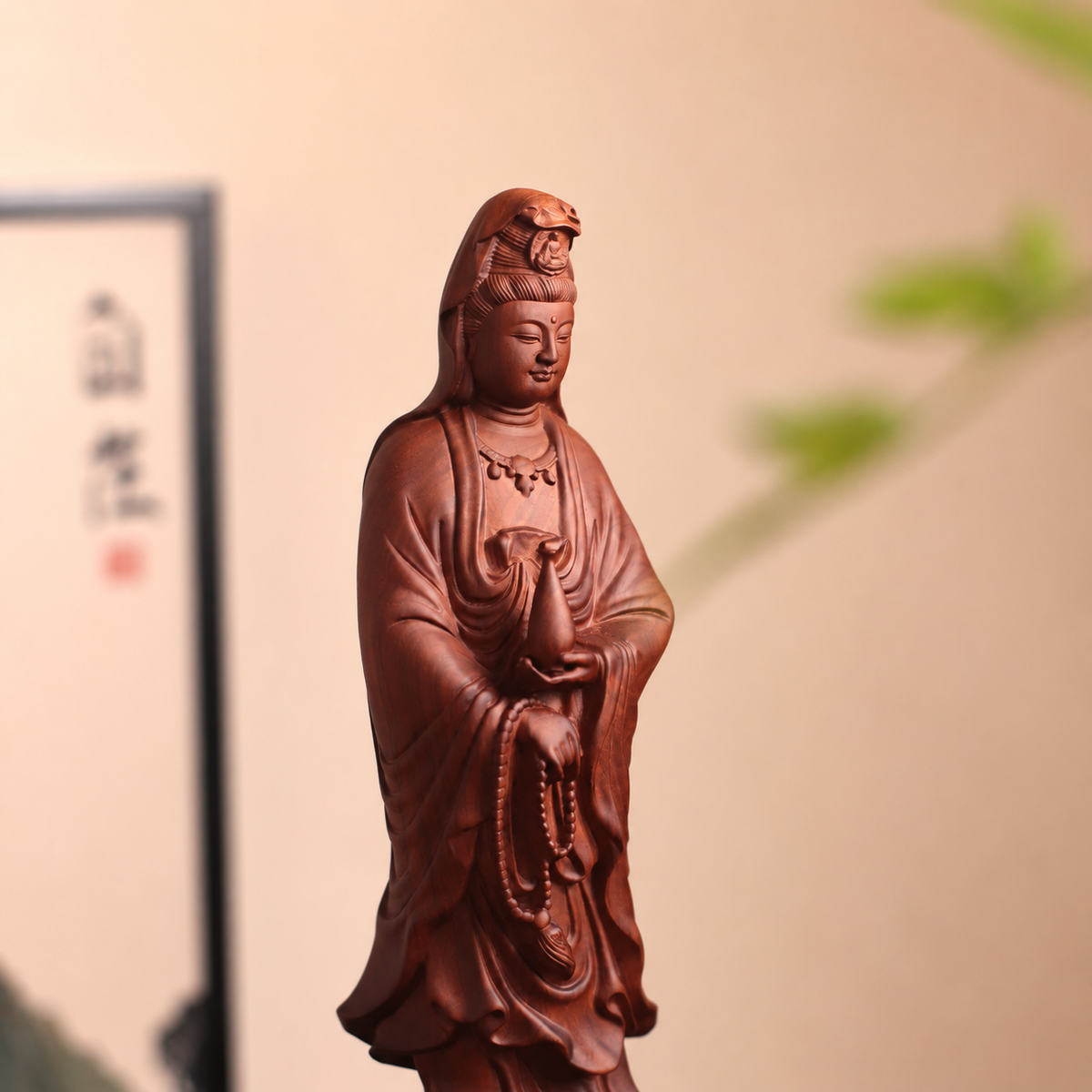 Standing Guanyin with Vase & Beads in Huali Wood