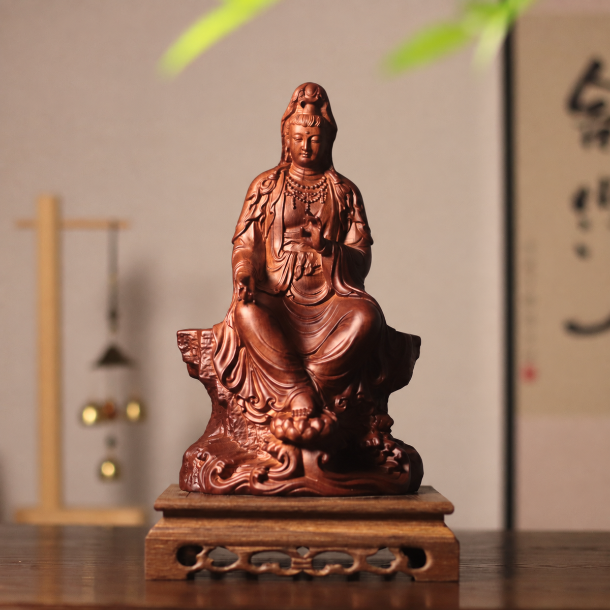 Guanyin on Rock Seat in Huali Wood