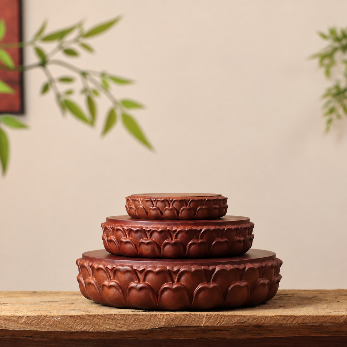 Carved Lotus Display Base in Padauk Wood