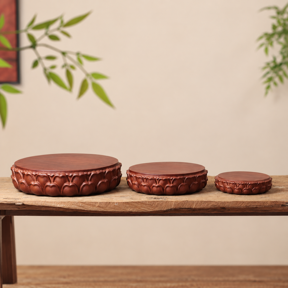 Carved Lotus Display Base in Padauk Wood