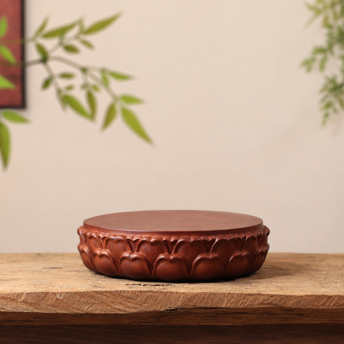 Carved Lotus Display Base in Padauk Wood
