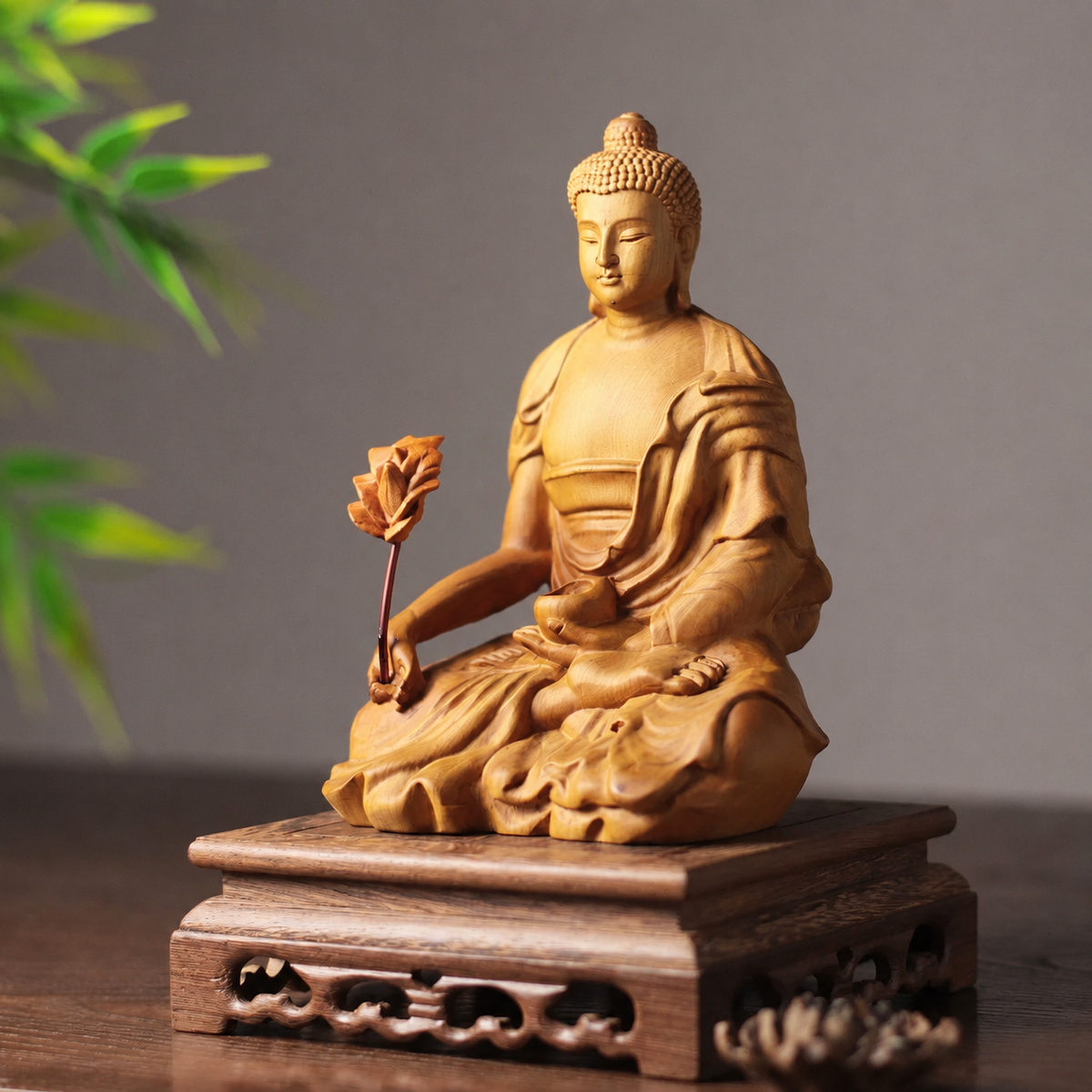 Medicine Buddha with Bowl in Cypress Wood — Product photo 2