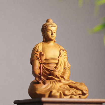 Medicine Buddha with Bowl in Cypress Wood — Product photo 4