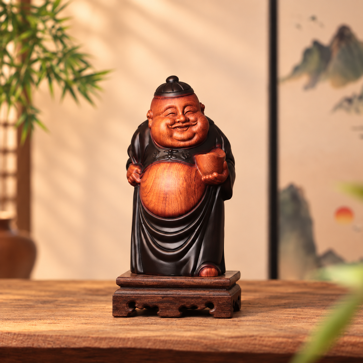 Smiling Prosperity Figure with Ingot in Solid Wood — Product photo 9