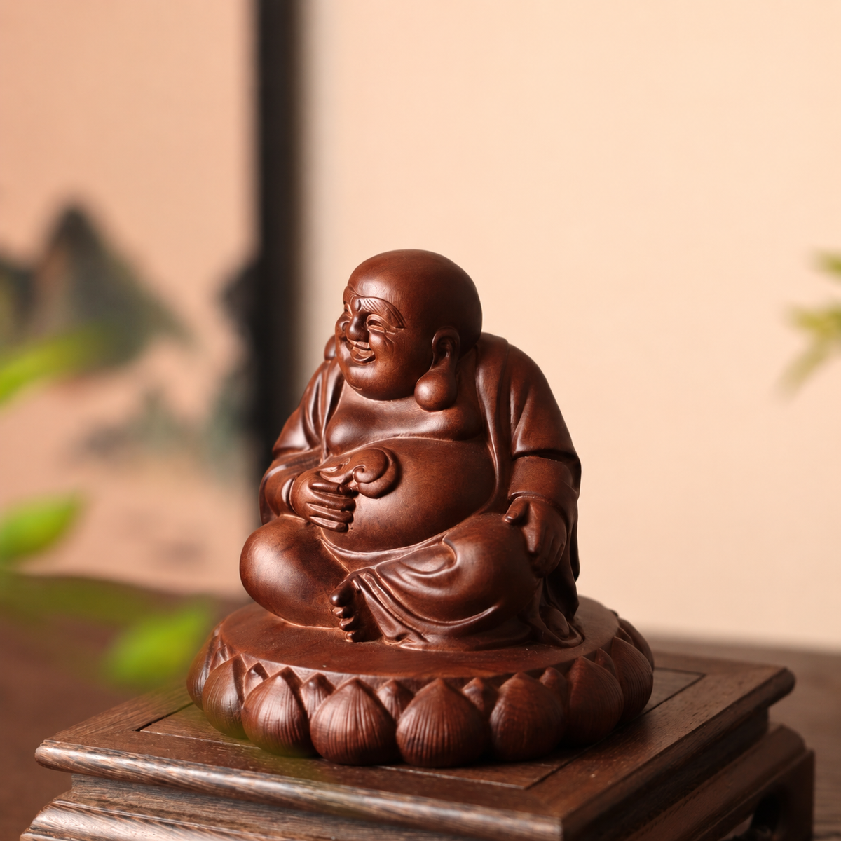 Seated Laughing Buddha with Fan in Aromatic Wood — Product photo 5