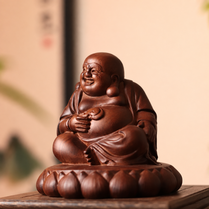 Seated Laughing Buddha with Fan in Aromatic Wood — Product photo 2
