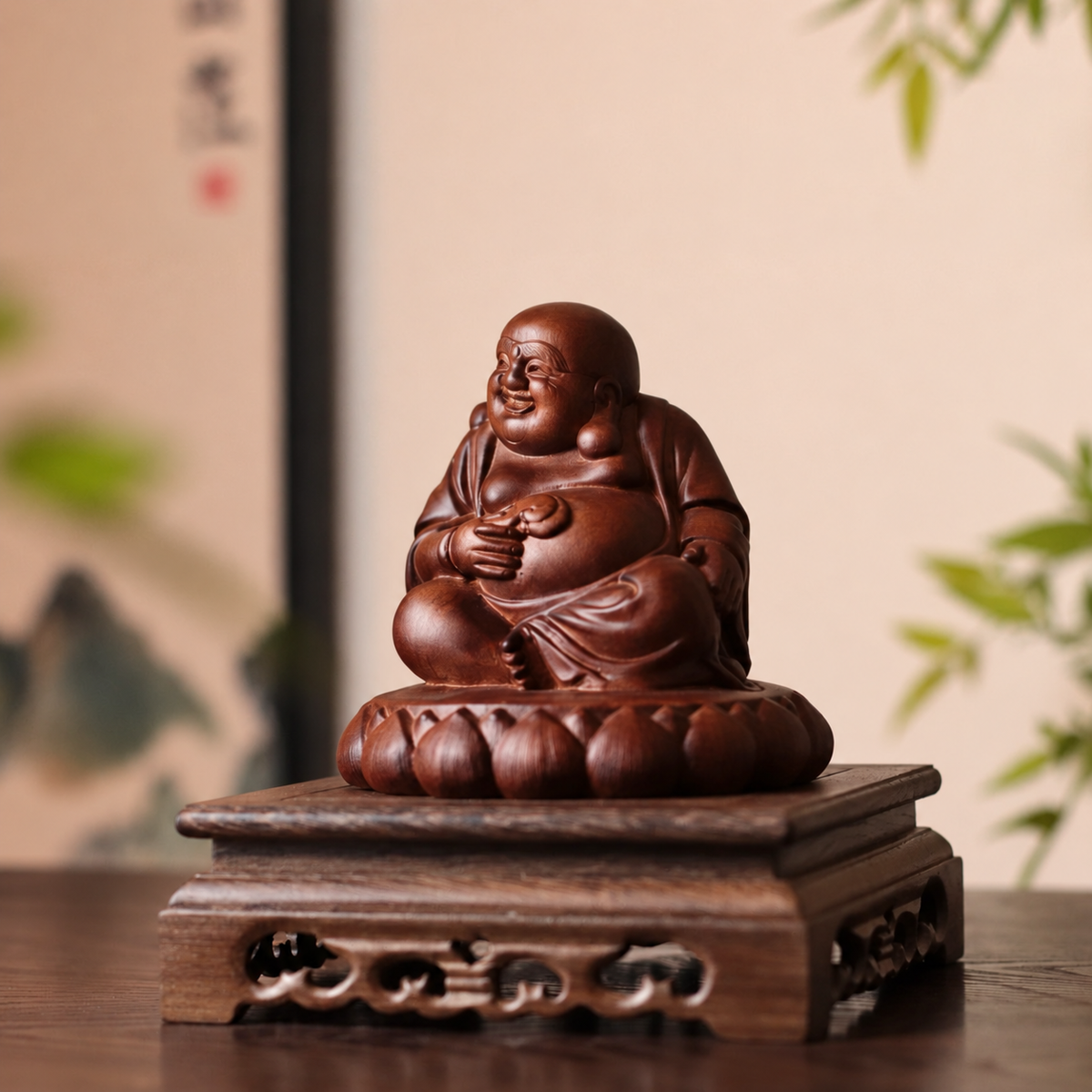 Seated Laughing Buddha with Fan in Aromatic Wood — Product photo 3