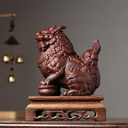 Qilin Guardian Statues in Padauk Wood — Product photo 3