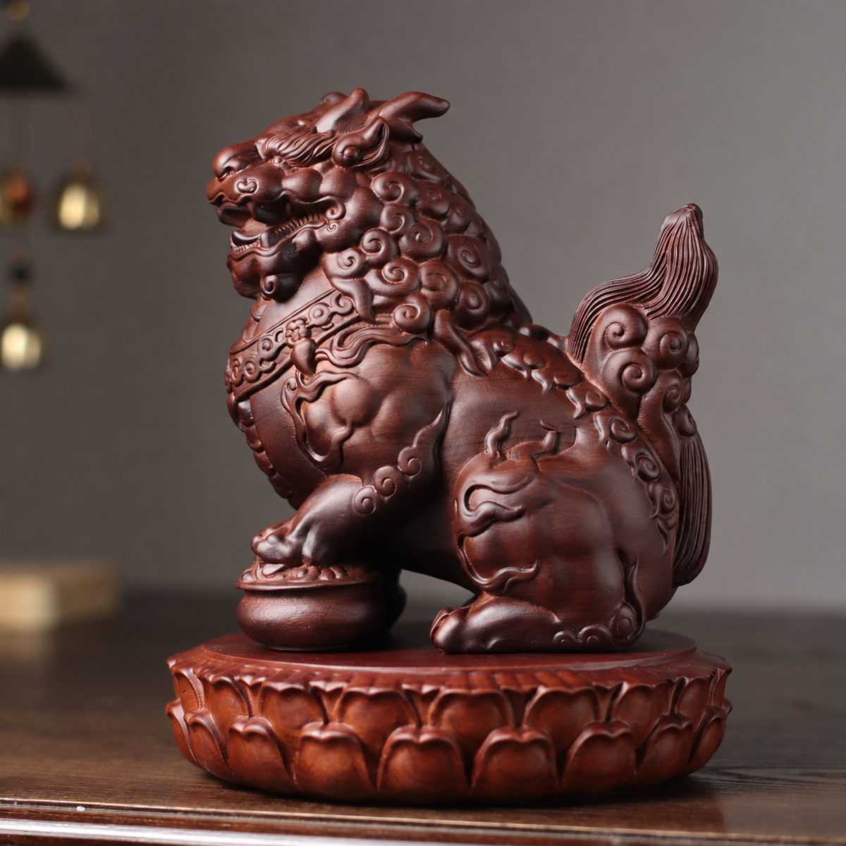 Qilin Guardian Statues in Padauk Wood — Product photo 2