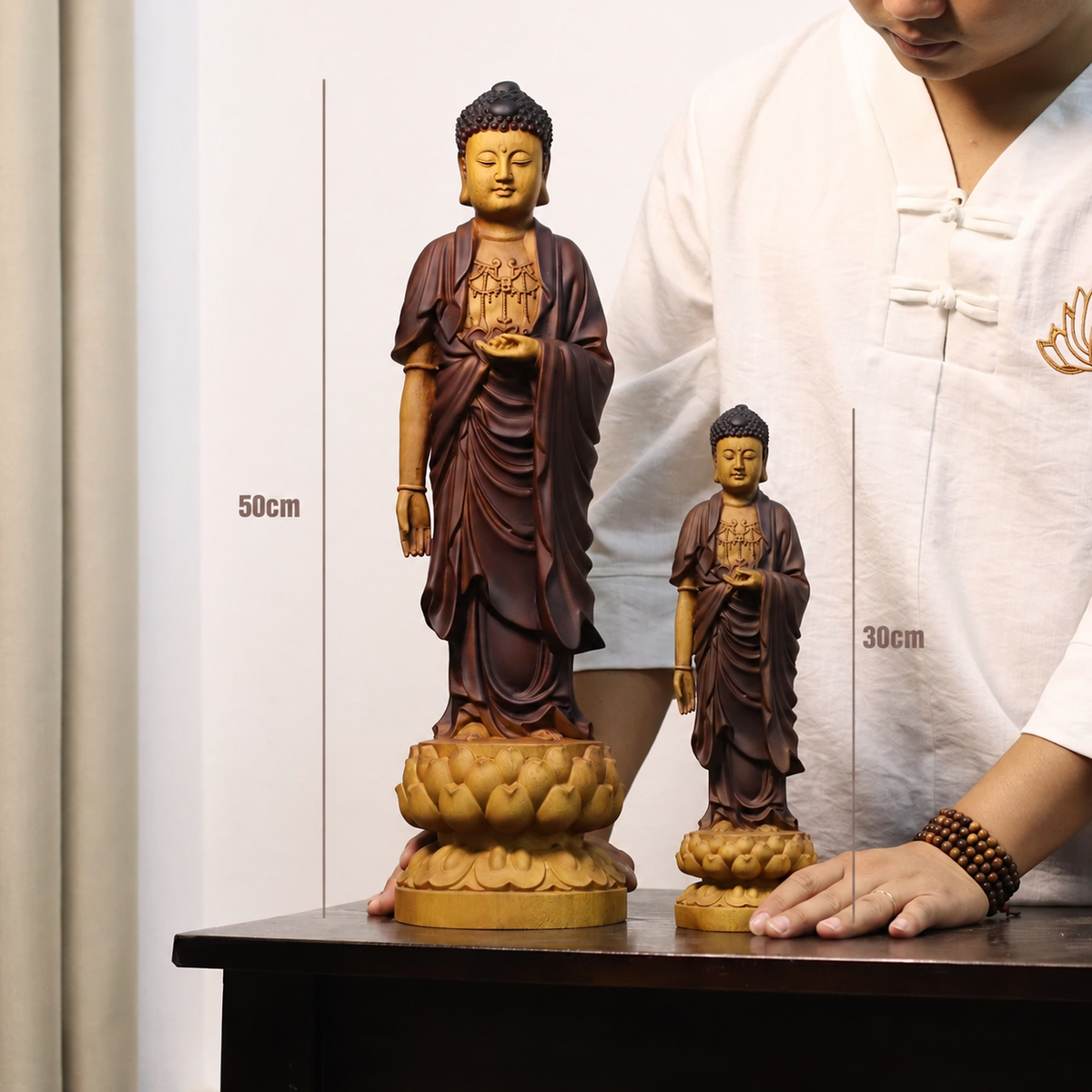 Standing Amitabha Buddha with Lotus in Solid Wood — Product photo 1