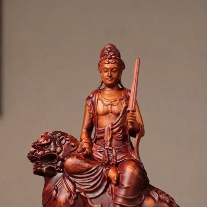 Manjushri on Lion Statue in Antique-Finish Padauk — Product photo 2