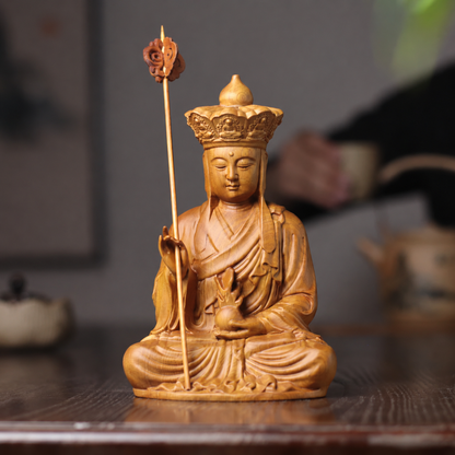 Seated Kshitigarbha with Staff in Cypress Wood