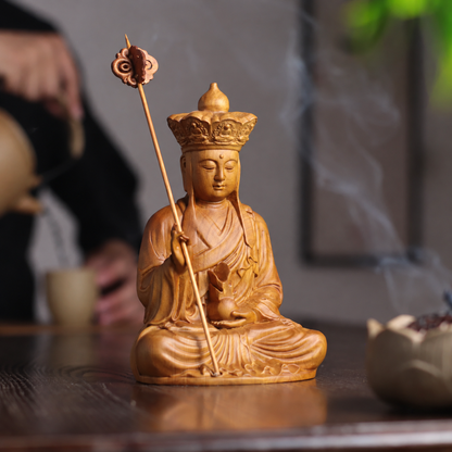 Seated Kshitigarbha with Staff in Cypress Wood