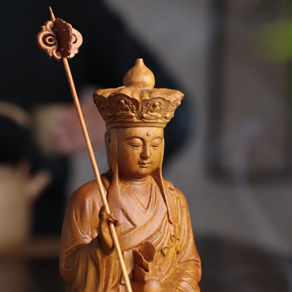 Seated Kshitigarbha with Staff in Cypress Wood