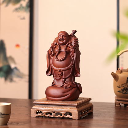 Standing Laughing Buddha with Sack in Huali Wood