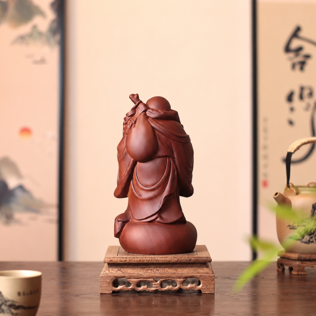 Standing Laughing Buddha with Sack in Huali Wood