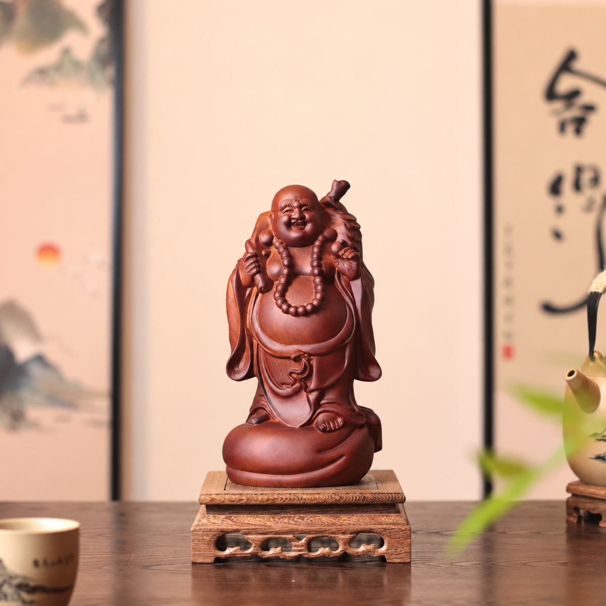 Standing Laughing Buddha with Sack in Huali Wood