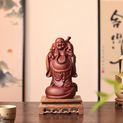 Standing Laughing Buddha with Sack in Huali Wood