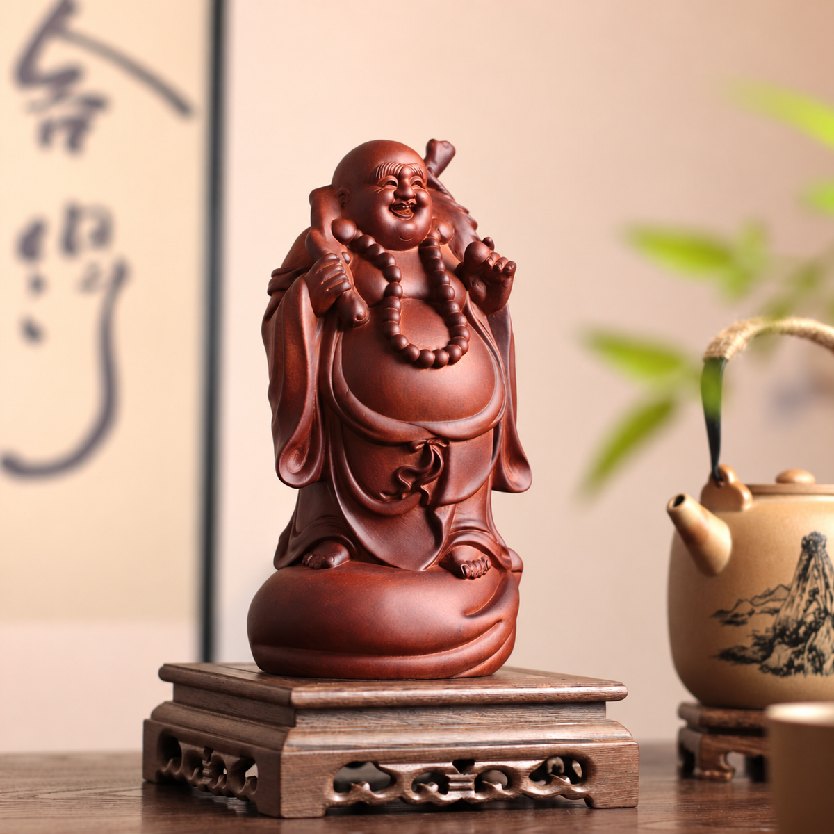 Standing Laughing Buddha with Sack in Huali Wood