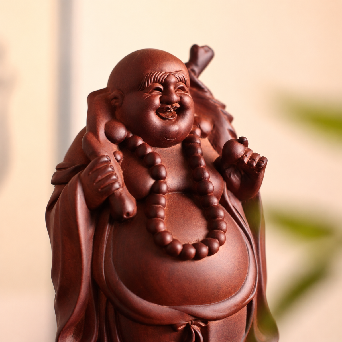 Standing Laughing Buddha with Sack in Huali Wood