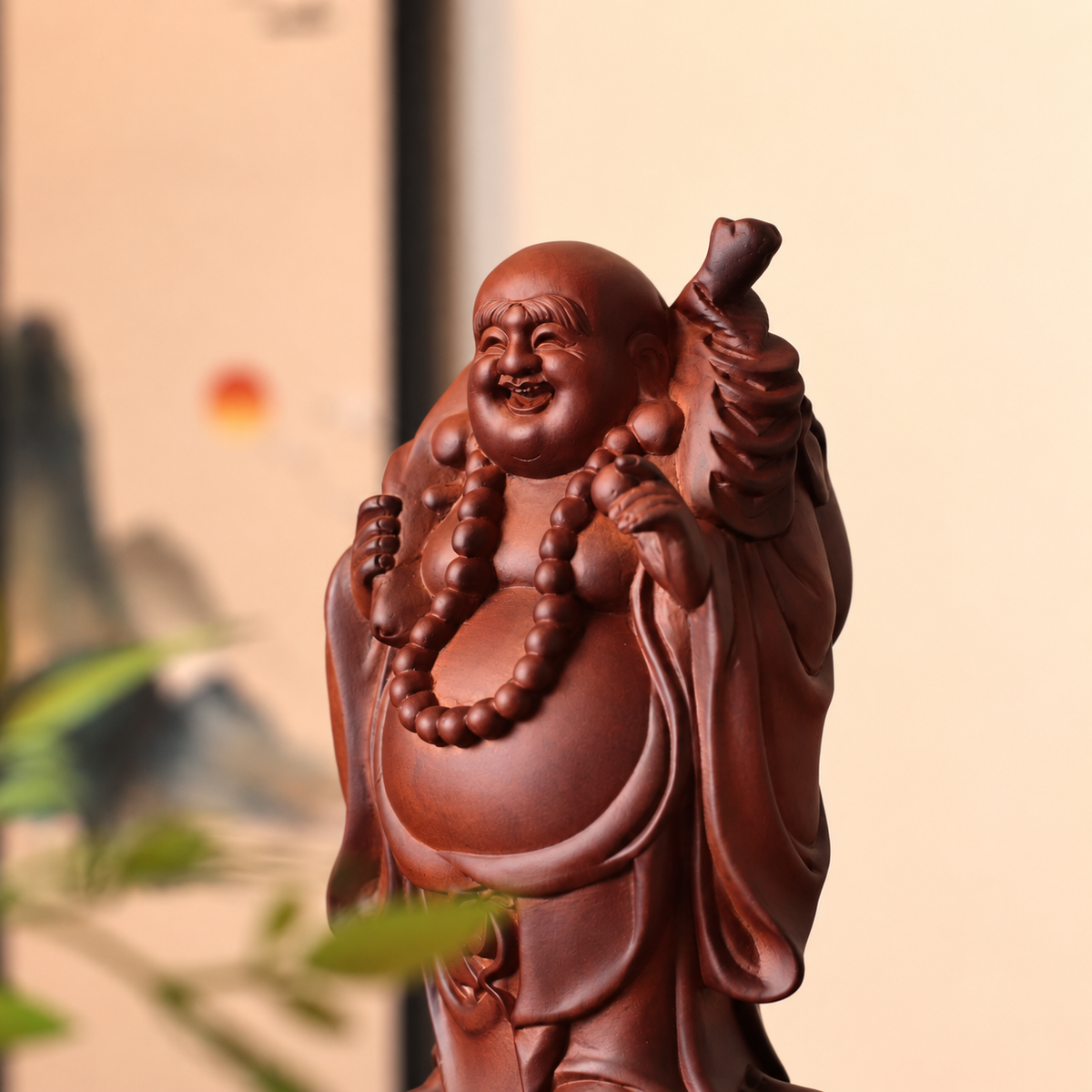 Standing Laughing Buddha with Sack in Huali Wood
