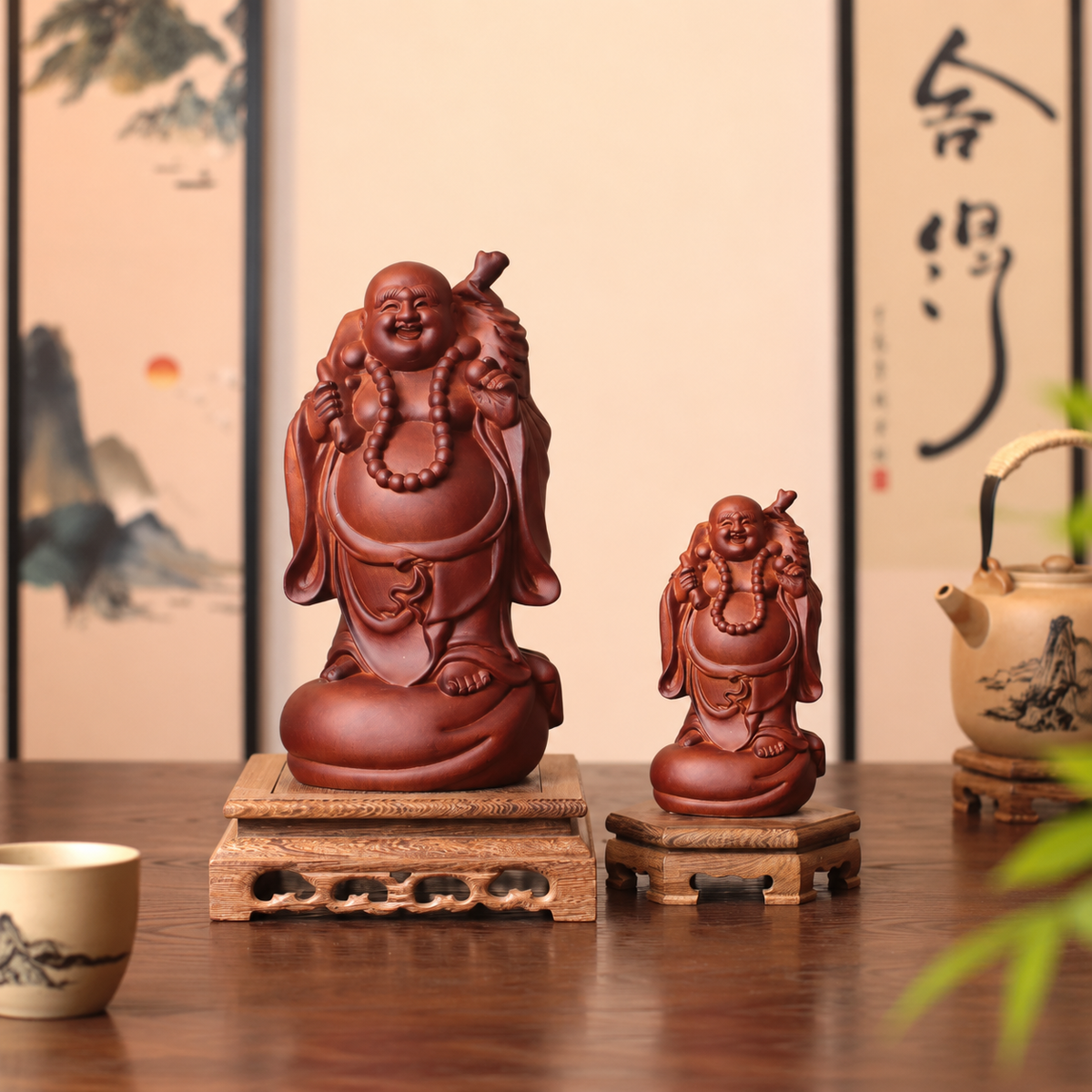 Standing Laughing Buddha with Sack in Huali Wood
