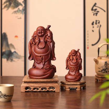 Standing Laughing Buddha with Sack in Huali Wood