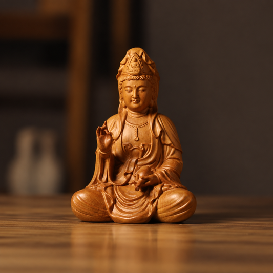 Seated Guanyin Statue in Cypress Wood