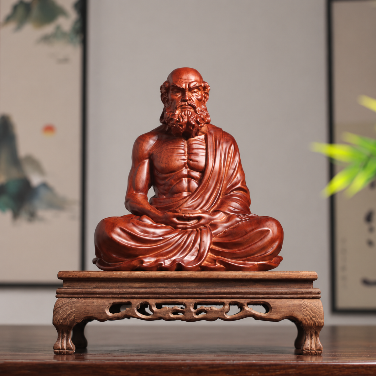 Bodhidharma with Alms Bowl in Padauk Wood