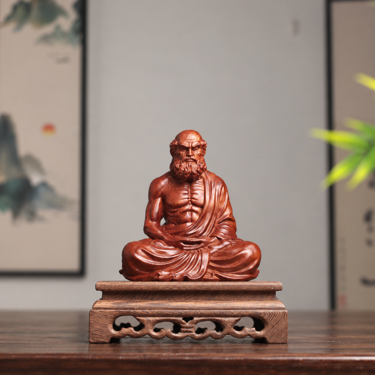 Bodhidharma with Alms Bowl in Padauk Wood