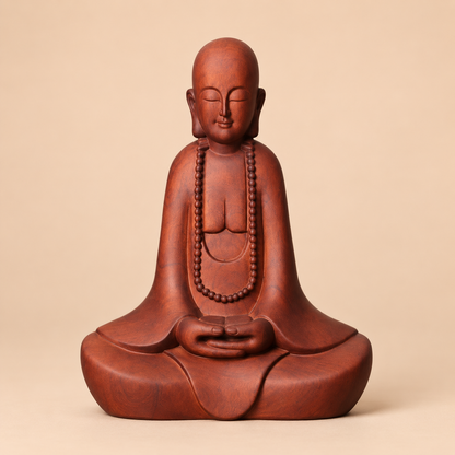 Meditating Zen Monk with Beads in Padauk Wood