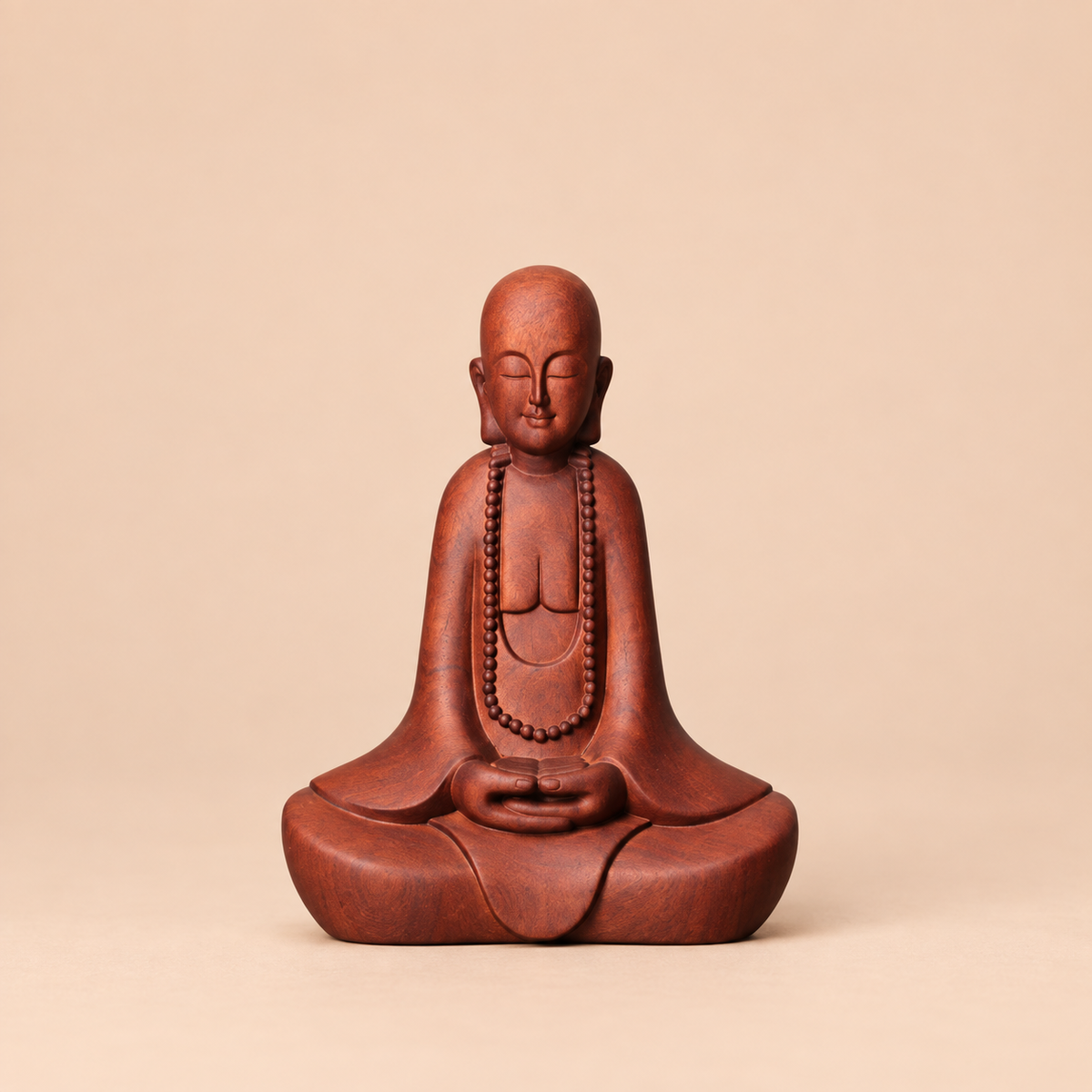 Meditating Zen Monk with Beads in Padauk Wood