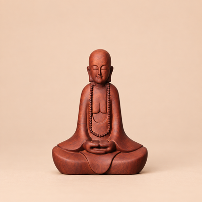 Meditating Zen Monk with Beads in Padauk Wood