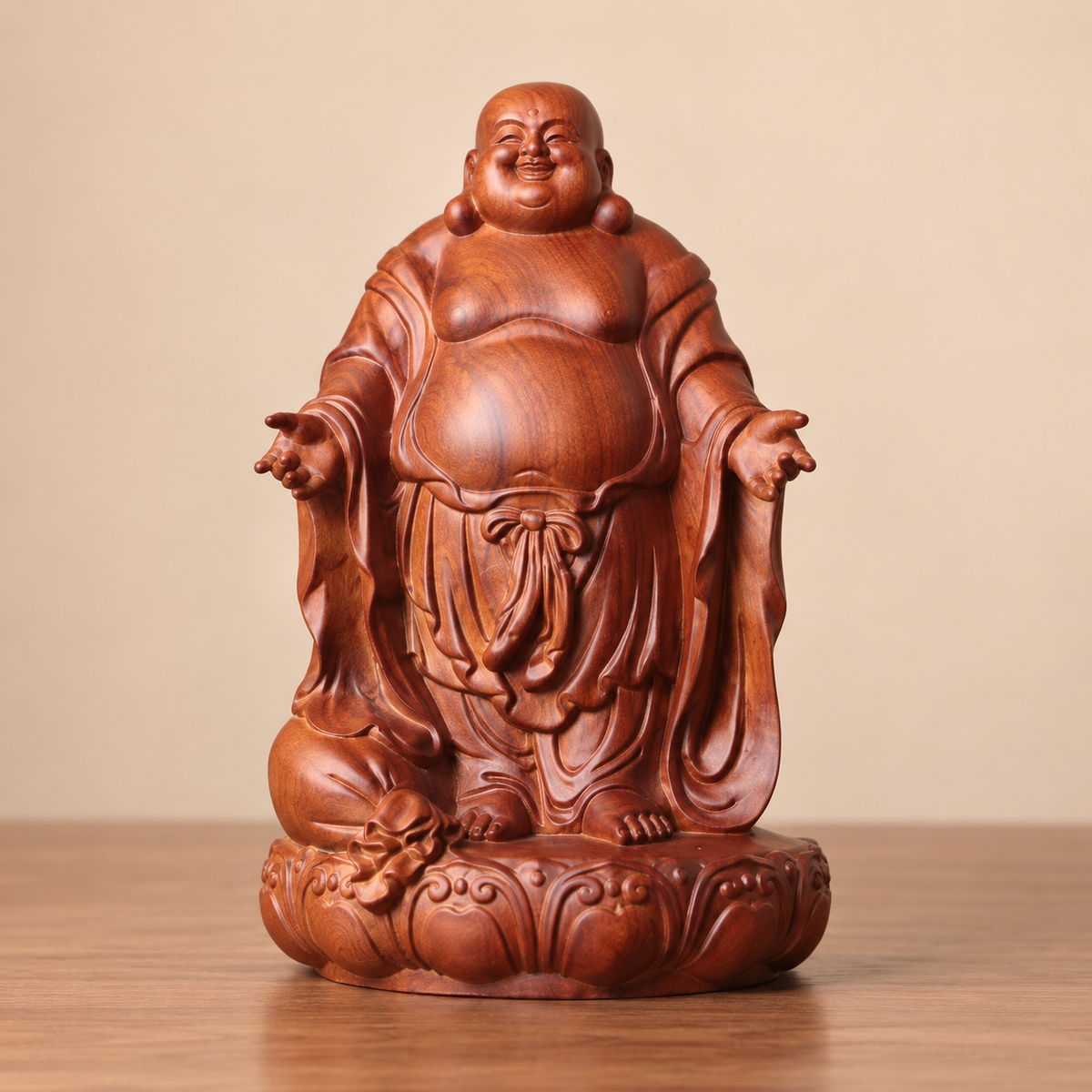 Open-Arms Laughing Buddha in Padauk Wood
