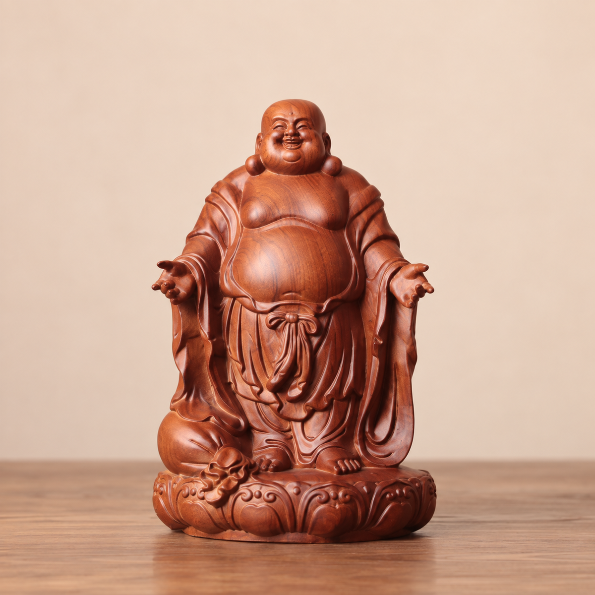 Open-Arms Laughing Buddha in Padauk Wood
