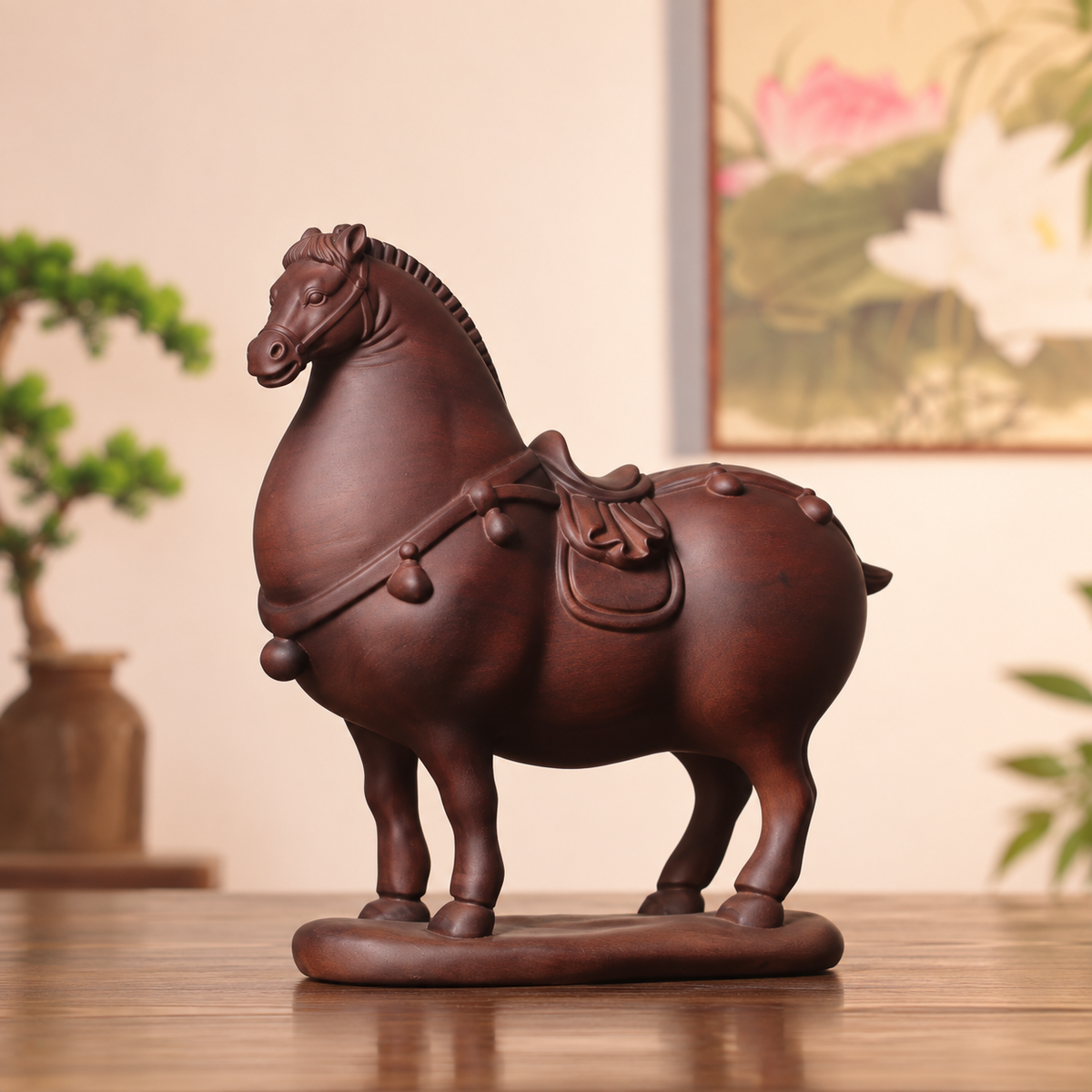 Tang-Style Horse Sculpture in Huali Wood