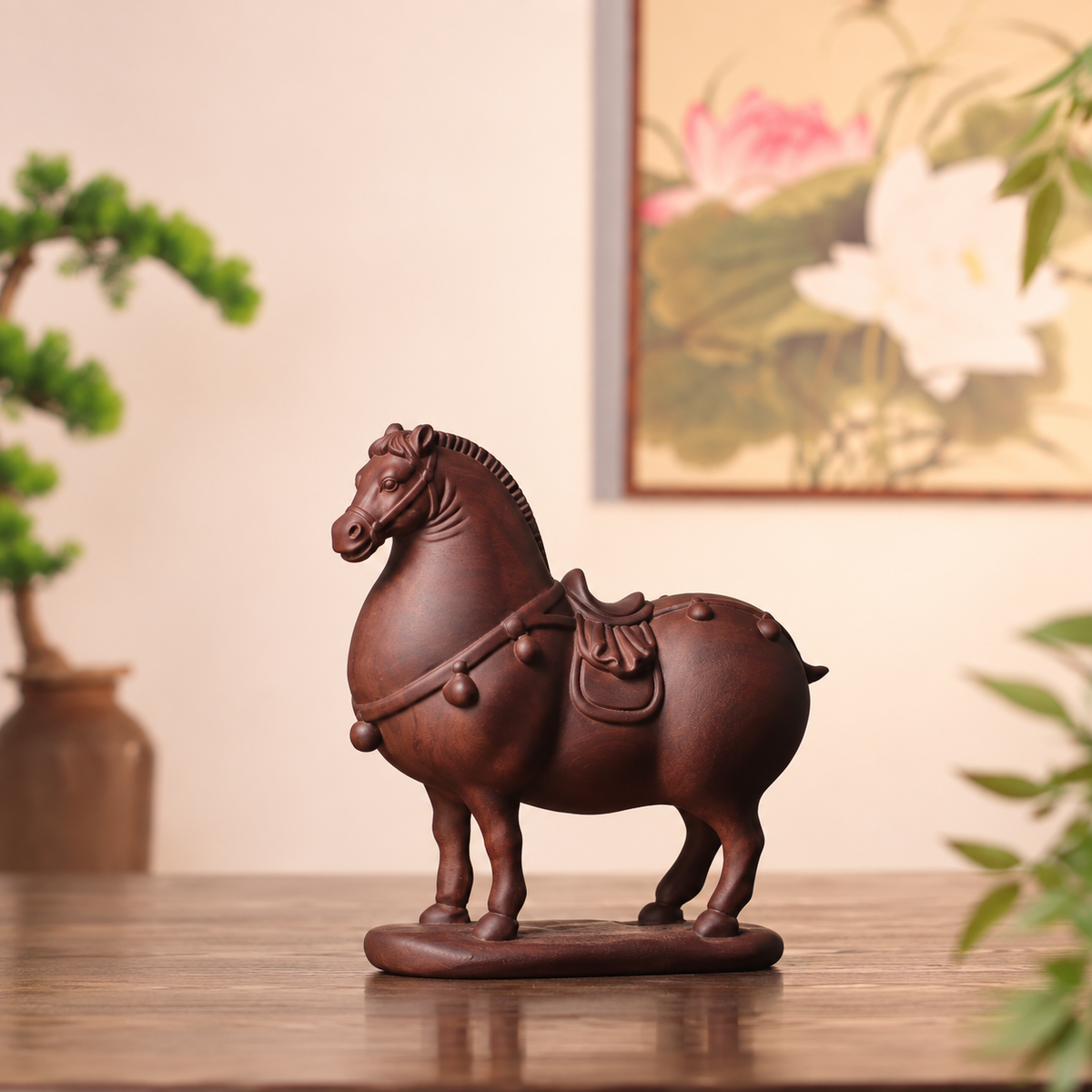 Tang-Style Horse Sculpture in Huali Wood