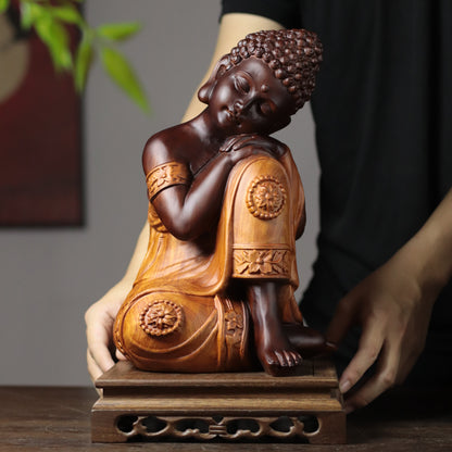 Resting Buddha Statue in Padauk Wood, 11.8 in