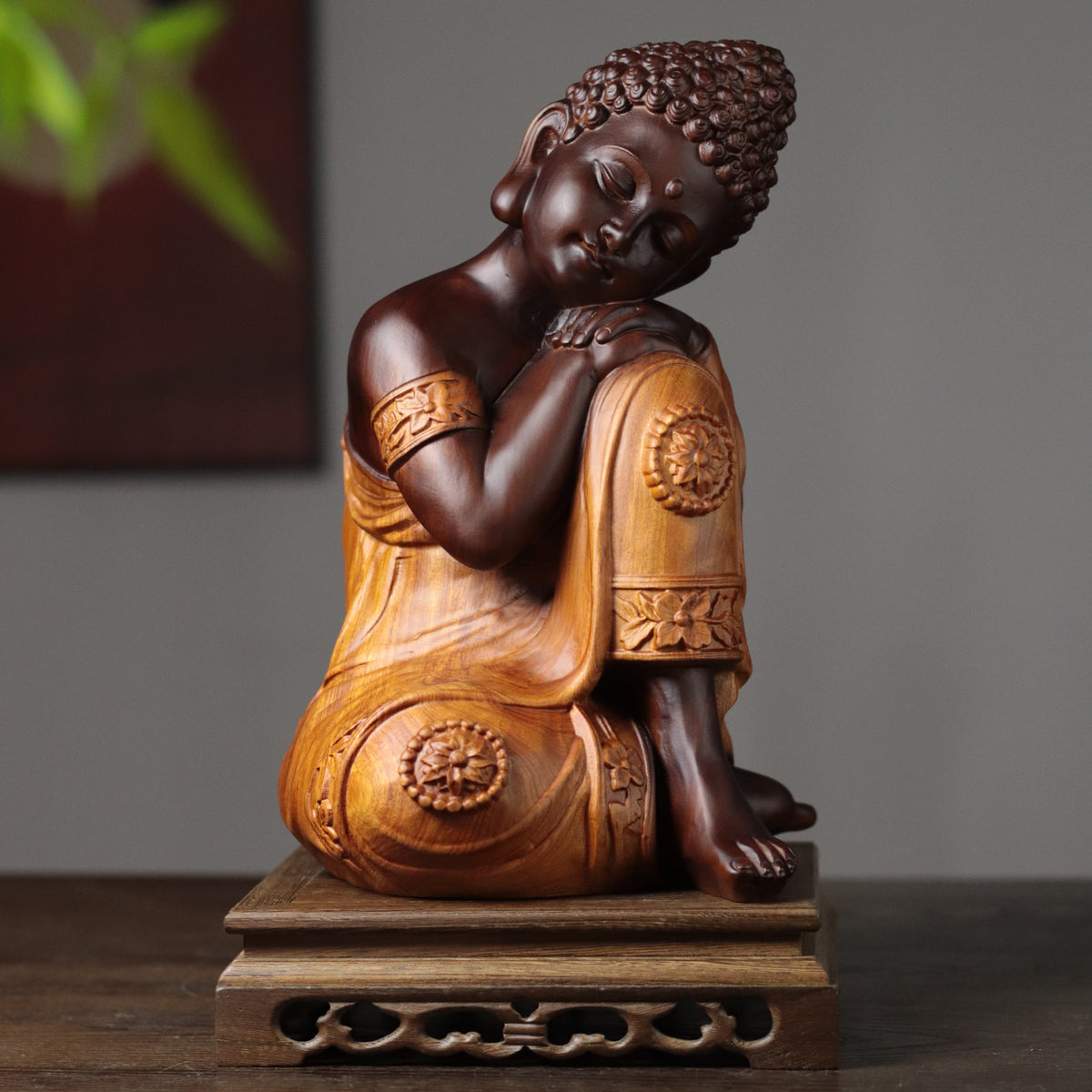 Resting Buddha Statue in Padauk Wood, 11.8 in