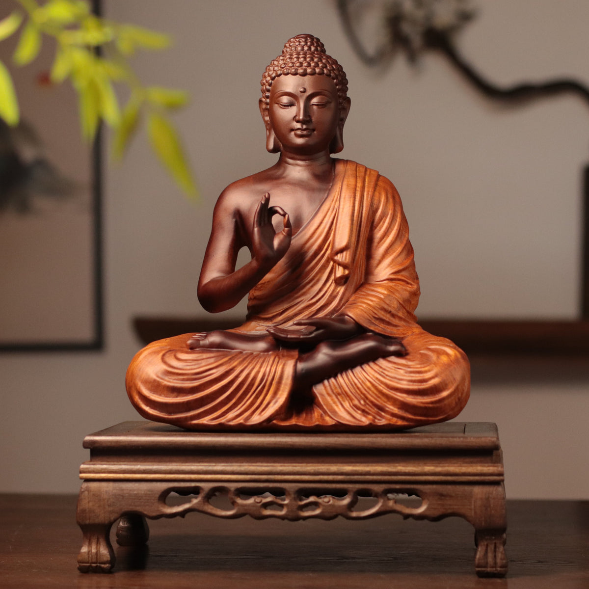 Shakyamuni Buddha Statue in Padauk Wood, 11.8 in