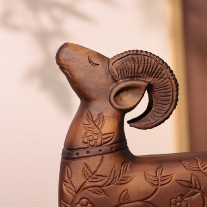 Floral Carved Goat Sculpture in Khaya Wood