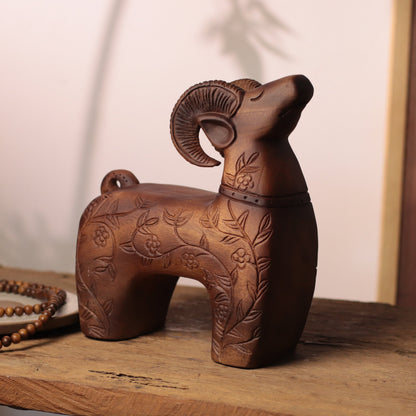 Floral Carved Goat Sculpture in Khaya Wood