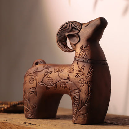 Floral Carved Goat Sculpture in Khaya Wood