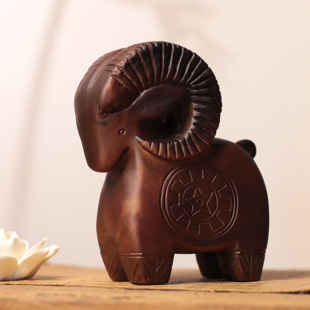 Star-Pattern Goat Figurine in Khaya Wood