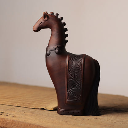 Tall-Neck Horse Figurine in Khaya Wood