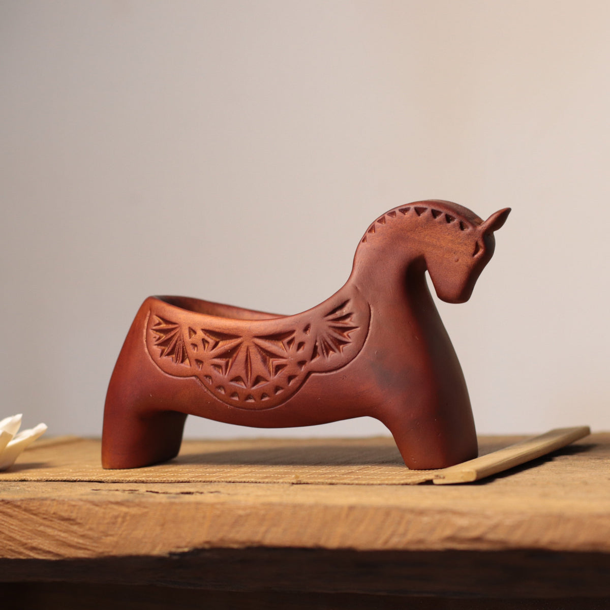 Horse Catchall Tray in Carved Khaya Wood