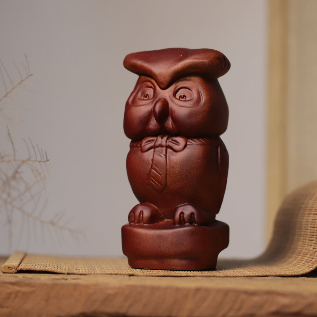 Bow Tie Owl Figurine in Khaya Wood